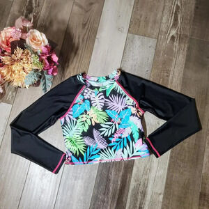 Art Class Girls Size L 10/12 Long-Sleeve Rash Guard Swim Shirt Tropical Print